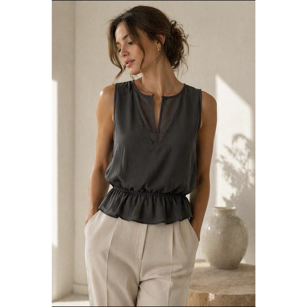 NWT Pleione Black Flowy Blouse Elastic Waist Capsule Minimal Top S